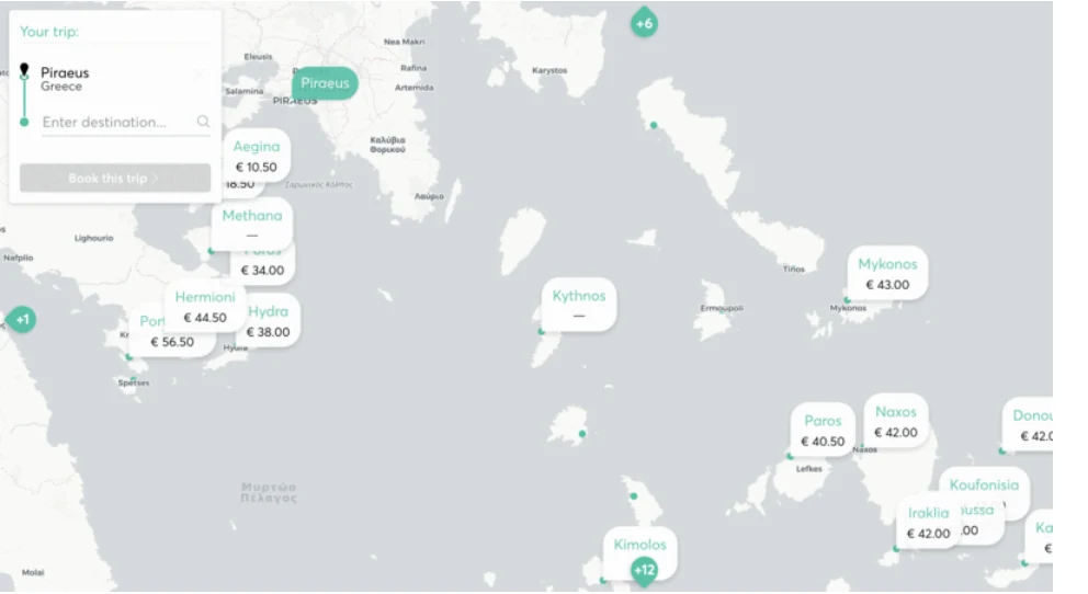 Preview of Ferryhopper's interactive ferry route map showing routes and prices around the Greek islands